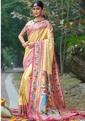 Cream Printed Woven Poly Blend Saree Set