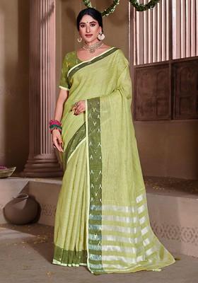 Green Printed Woven Poly Blend Saree Set