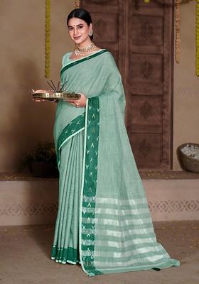 Sea Green Ethnic Motifs Woven Poly Blend Saree Set