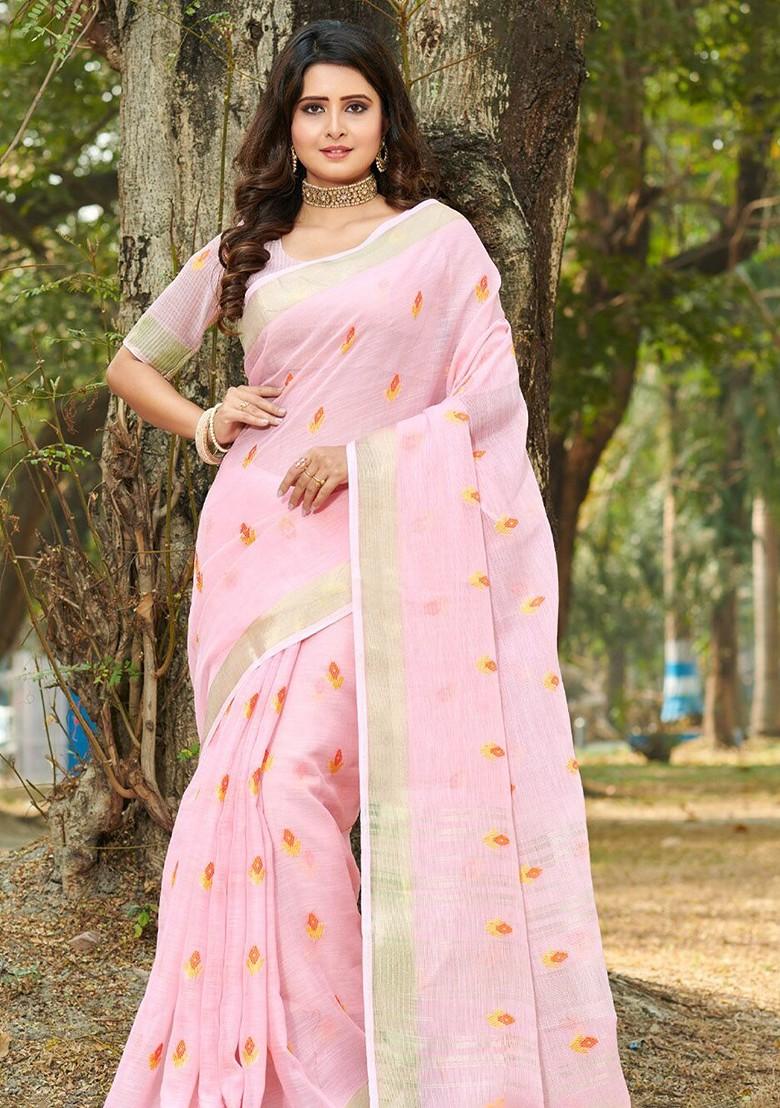 Pink Printed Woven Poly Blend Saree Set