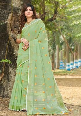 Green Printed Woven Poly Blend Saree Set