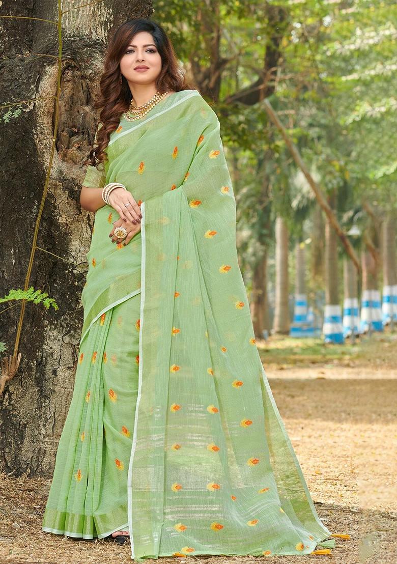 Green Printed Woven Poly Blend Saree Set