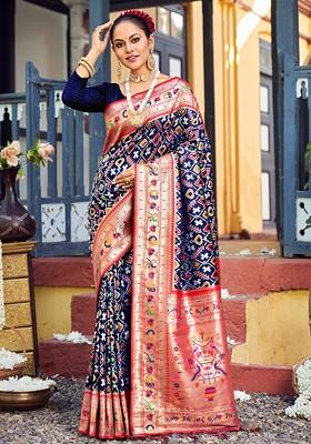 Navy Blue Printed Woven Poly Blend Saree Set