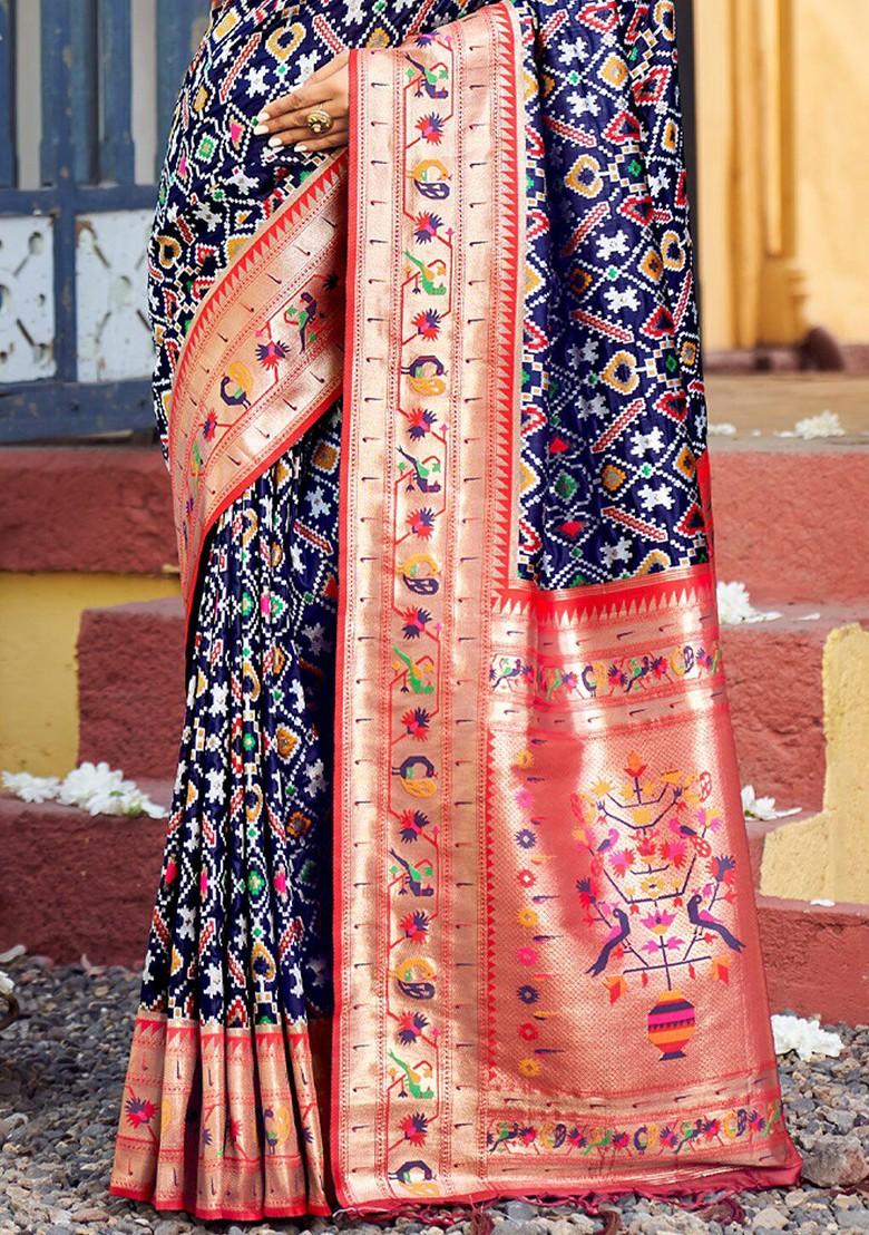 Navy Blue Printed Woven Poly Blend Saree Set