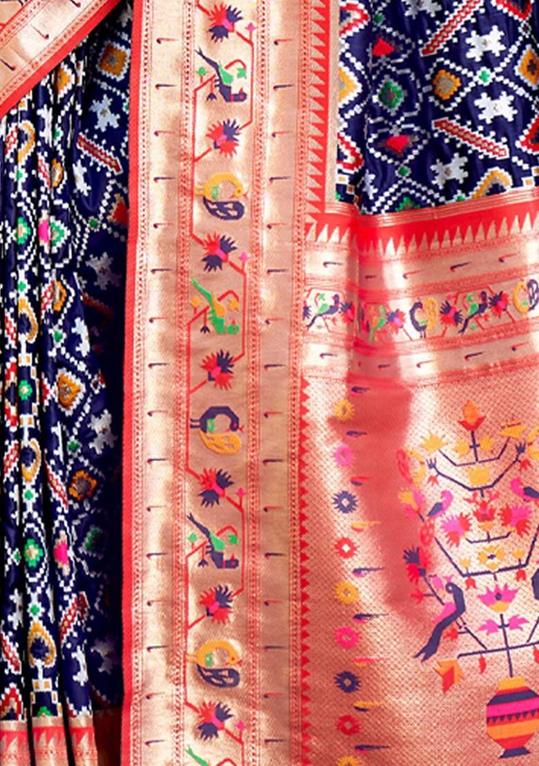 Navy Blue Printed Woven Poly Blend Saree Set