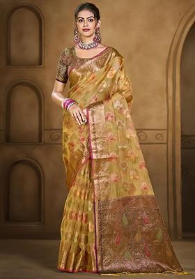 Yellow Printed Woven Poly Blend Saree Set