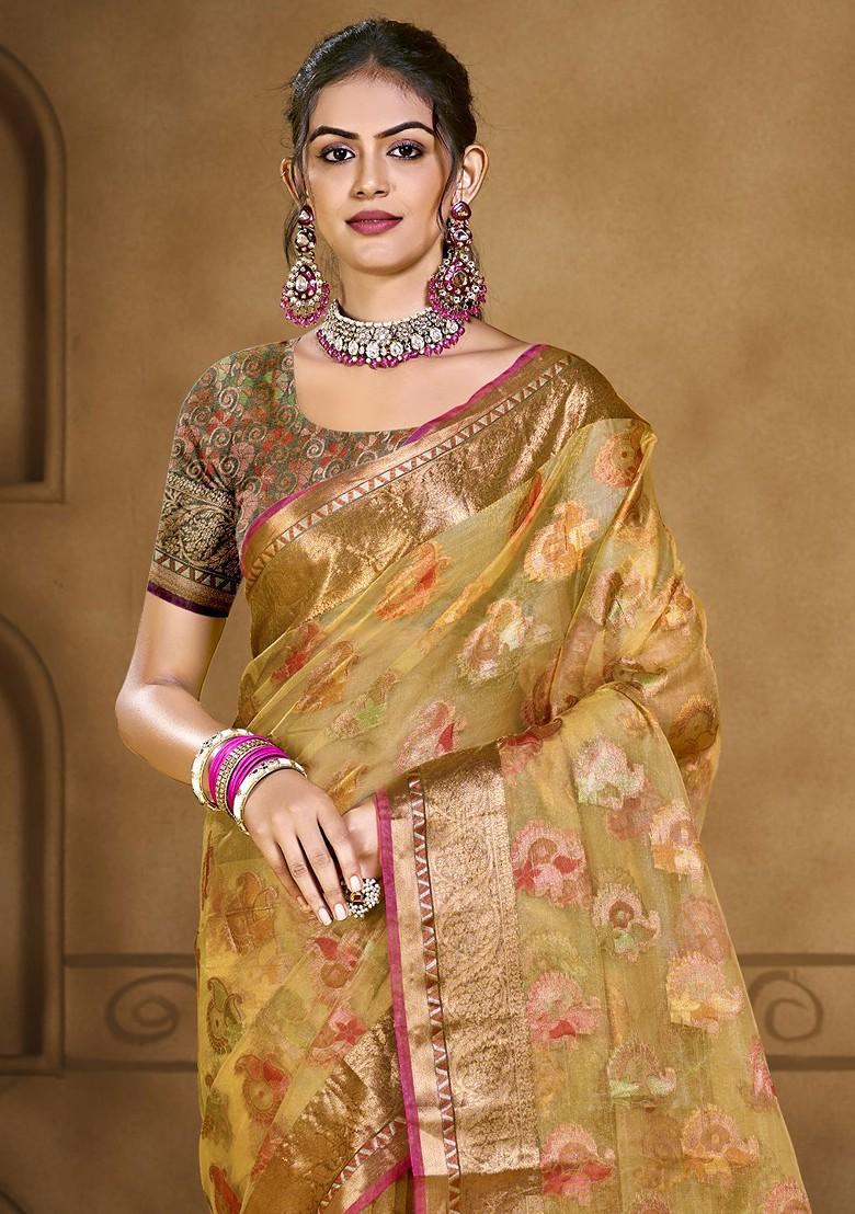 Yellow Printed Woven Poly Blend Saree Set