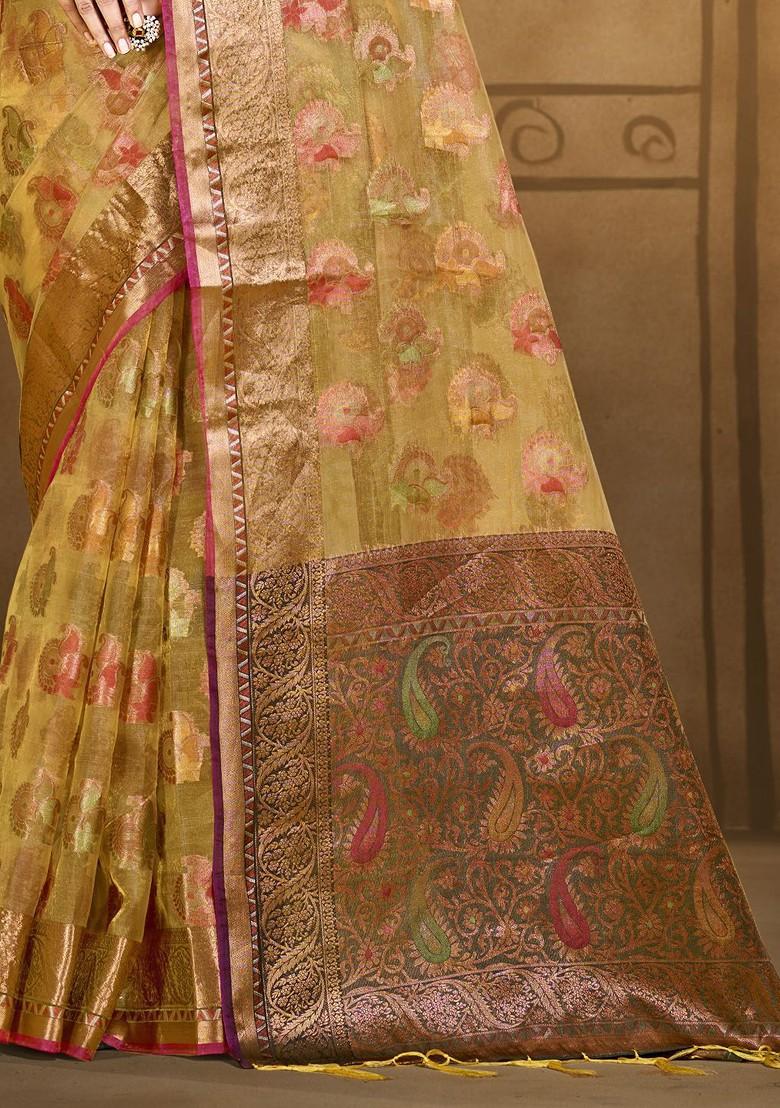 Yellow Printed Woven Poly Blend Saree Set