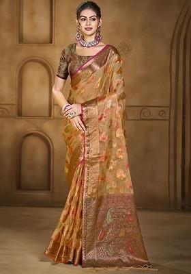 Orange Printed Woven Poly Blend Saree Set