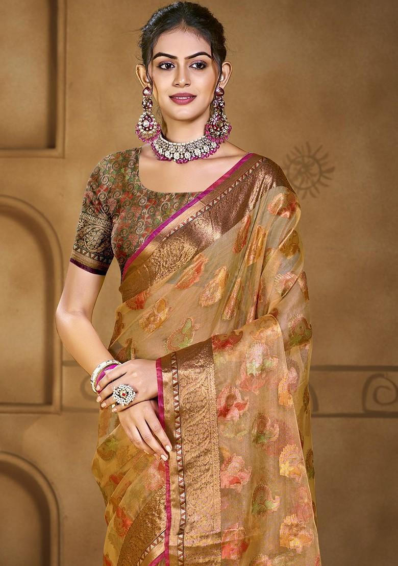 Orange Printed Woven Poly Blend Saree Set