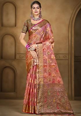 Pink Printed Woven Poly Blend Saree Set