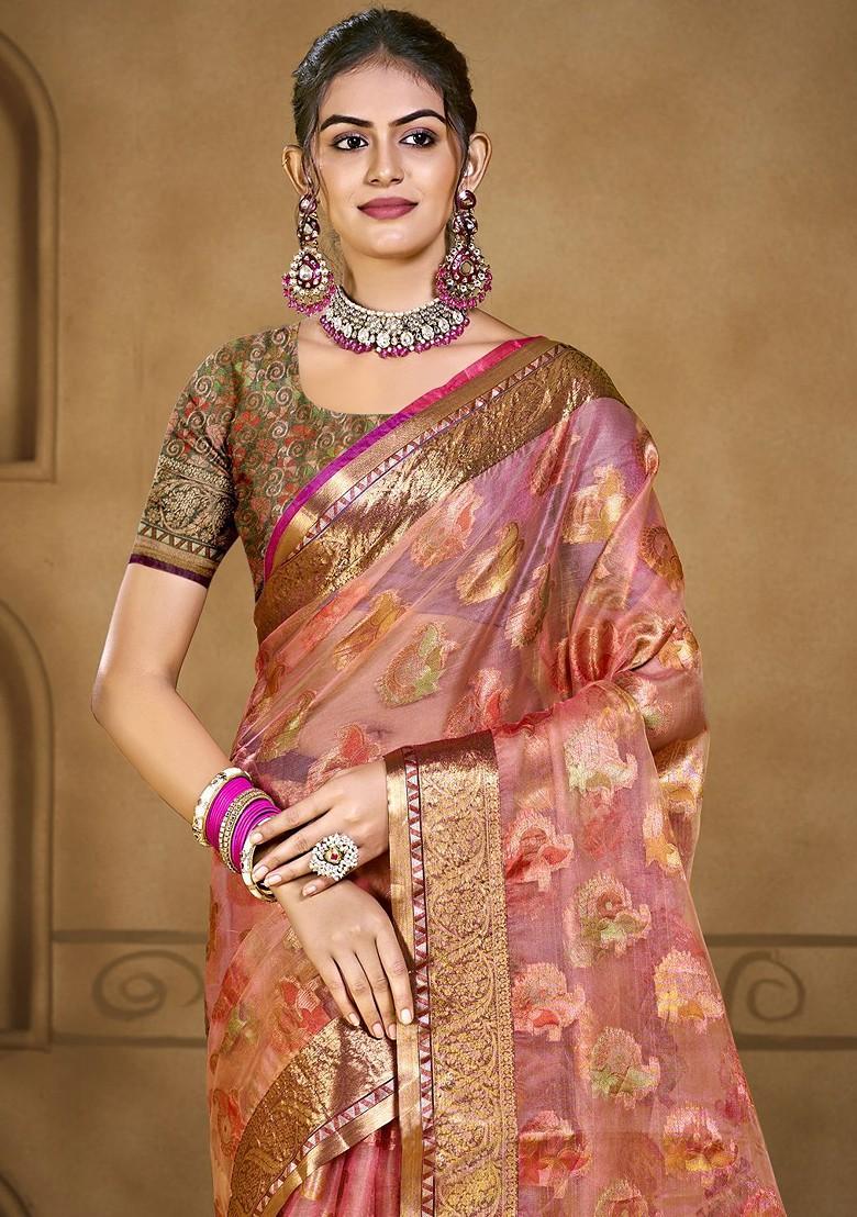 Pink Printed Woven Poly Blend Saree Set