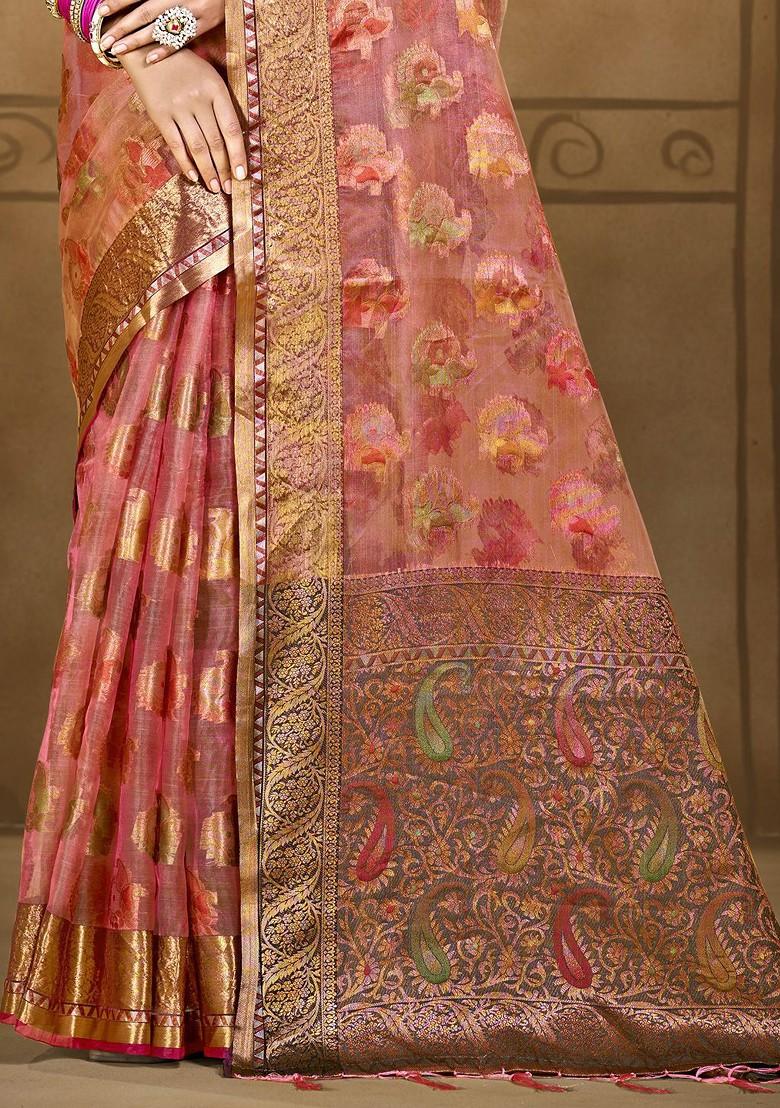 Pink Printed Woven Poly Blend Saree Set