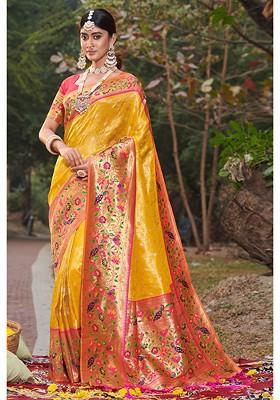 Yellow Printed Woven Poly Blend Saree Set