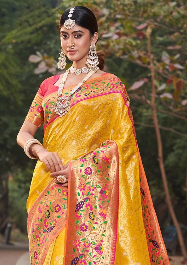 Yellow Printed Woven Poly Blend Saree Set