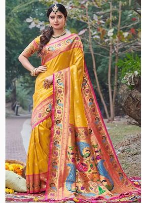 Yellow Printed Woven Poly Blend Saree Set