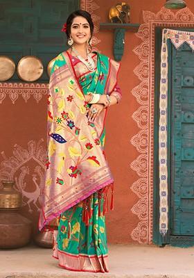 Green Printed Woven Poly Blend Saree Set