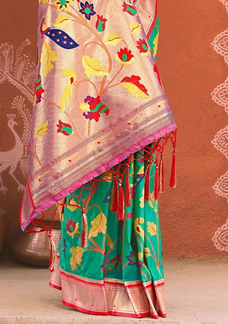 Green Printed Woven Poly Blend Saree Set
