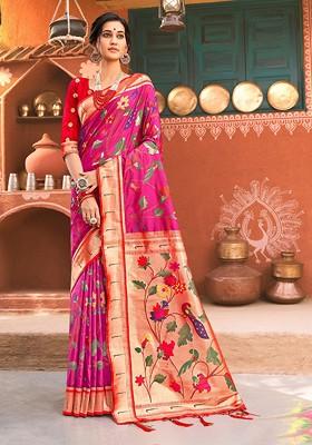 Pink Floral Print Woven Poly Blend Saree Set