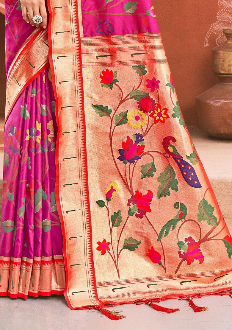 Pink Floral Print Woven Poly Blend Saree Set