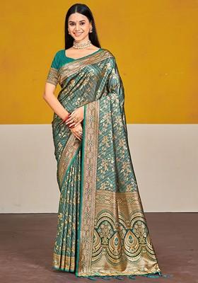 Blue Printed Woven Poly Blend Saree Set
