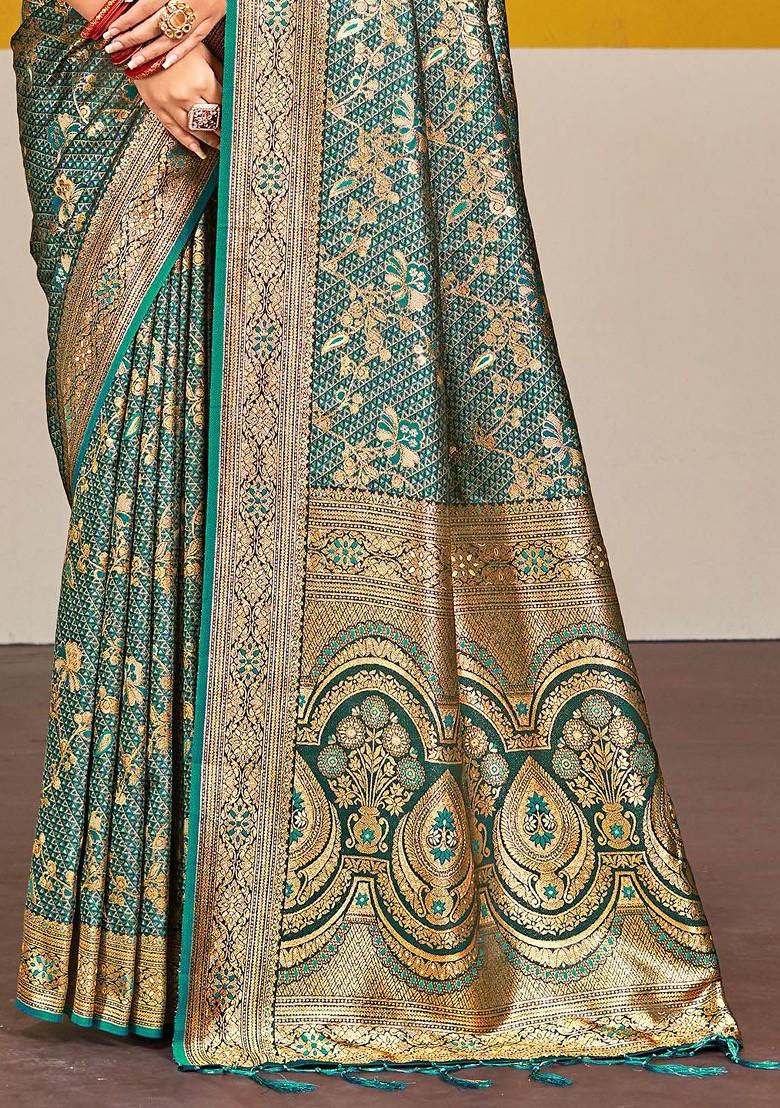 Blue Printed Woven Poly Blend Saree Set