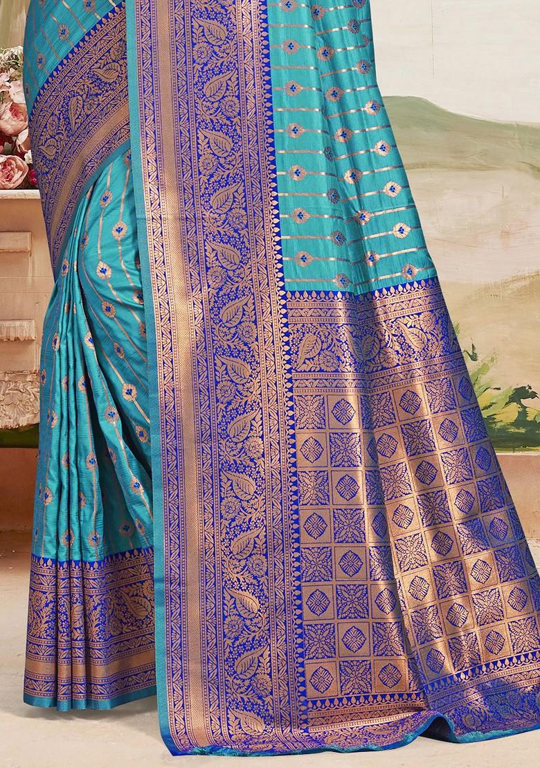 Turquoise Blue Printed Woven Poly Blend Saree Set