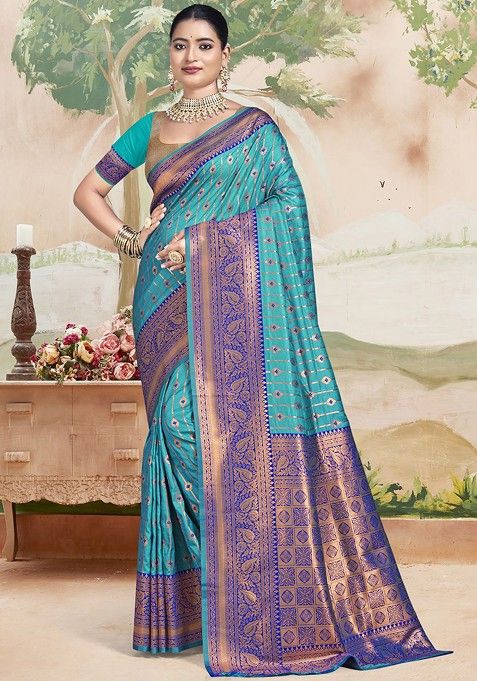 Turquoise Blue Printed Woven Poly Blend Saree Set