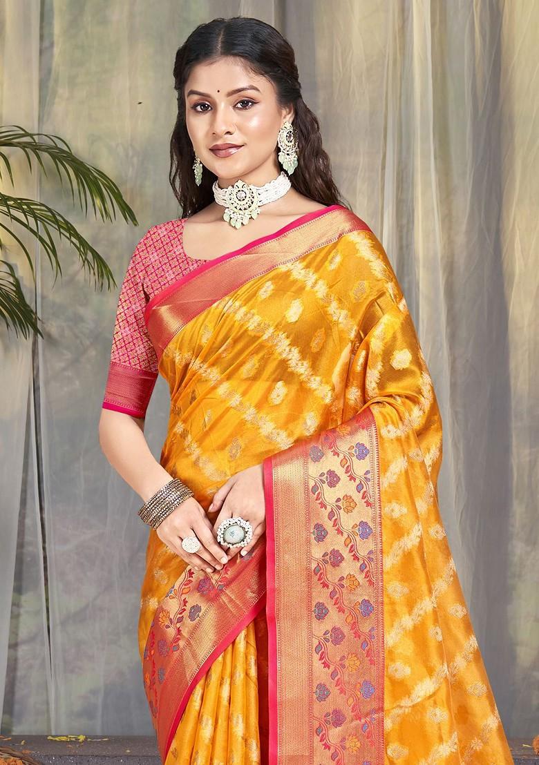 Yellow Printed Woven Poly Blend Saree Set