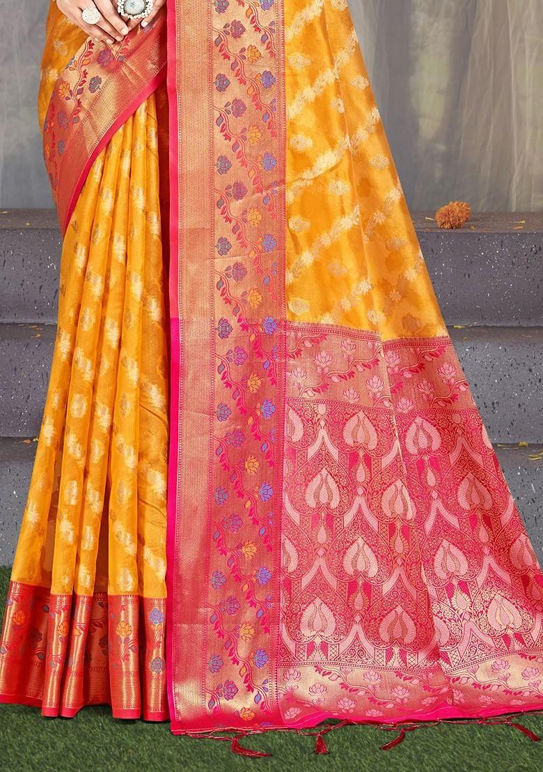 Yellow Printed Woven Poly Blend Saree Set