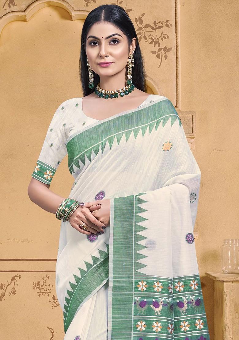 Cream Printed Woven Poly Blend Saree Set