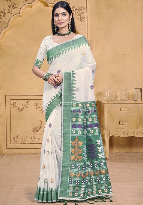 Cream Printed Woven Poly Blend Saree Set