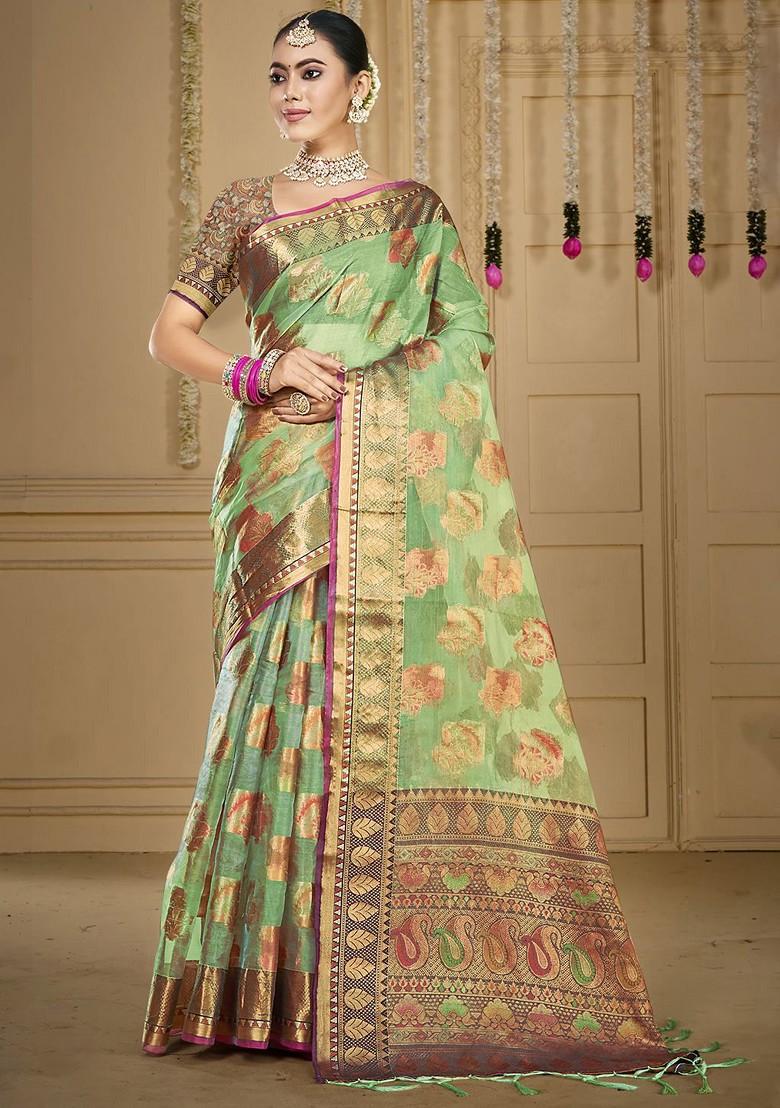 Sea Green Printed Woven Poly Blend Saree Set
