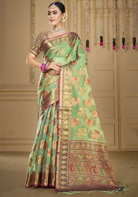 Sea Green Printed Woven Poly Blend Saree Set