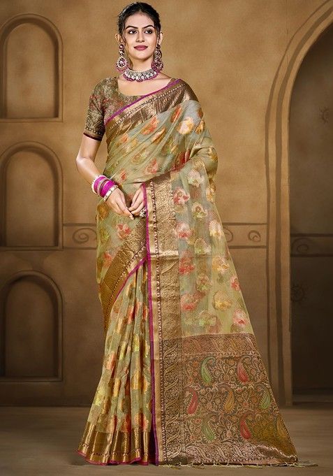 Olive Printed Woven Poly Blend Saree Set