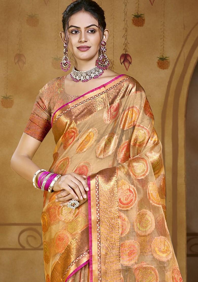 Brown Printed Woven Poly Blend Saree Set