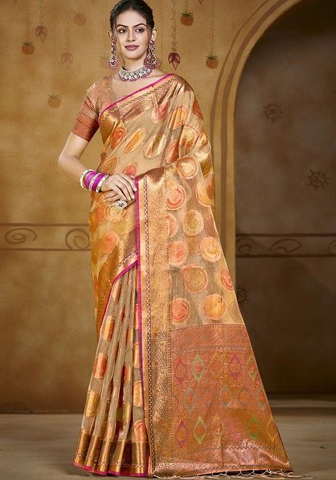 Brown Printed Woven Poly Blend Saree Set