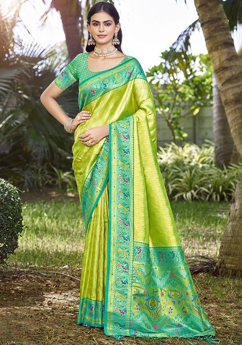 Green Ethnic Motifs Woven Poly Blend Saree Set