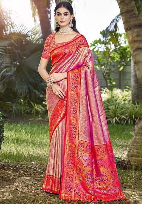 Pink Floral Print Woven Poly Blend Saree Set