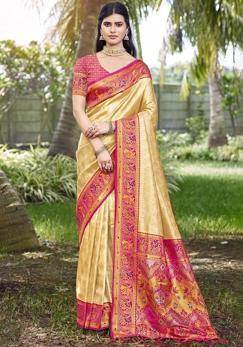 Beige Printed Woven Poly Blend Saree Set