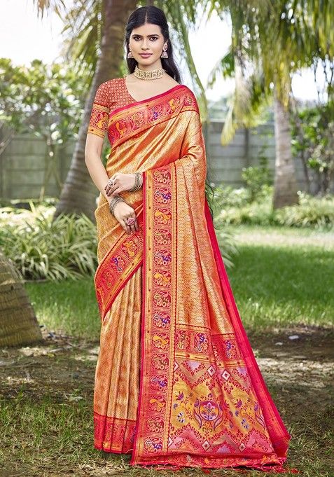 Orange Printed Woven Poly Blend Saree Set