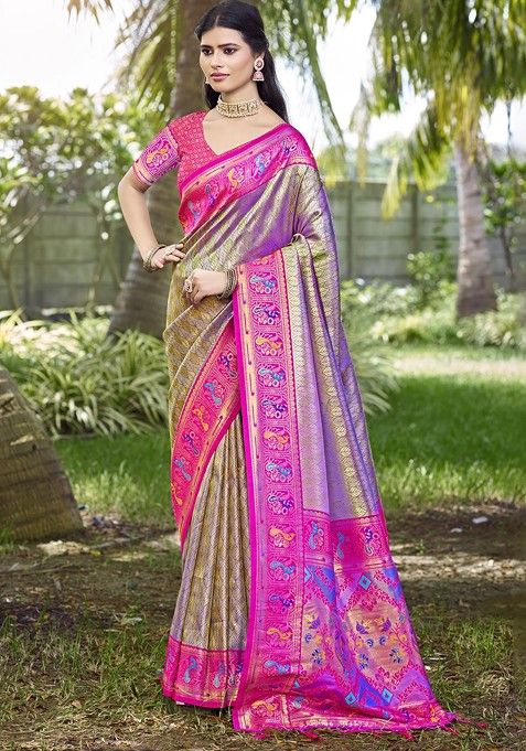 Grey Printed Woven Poly Blend Saree Set