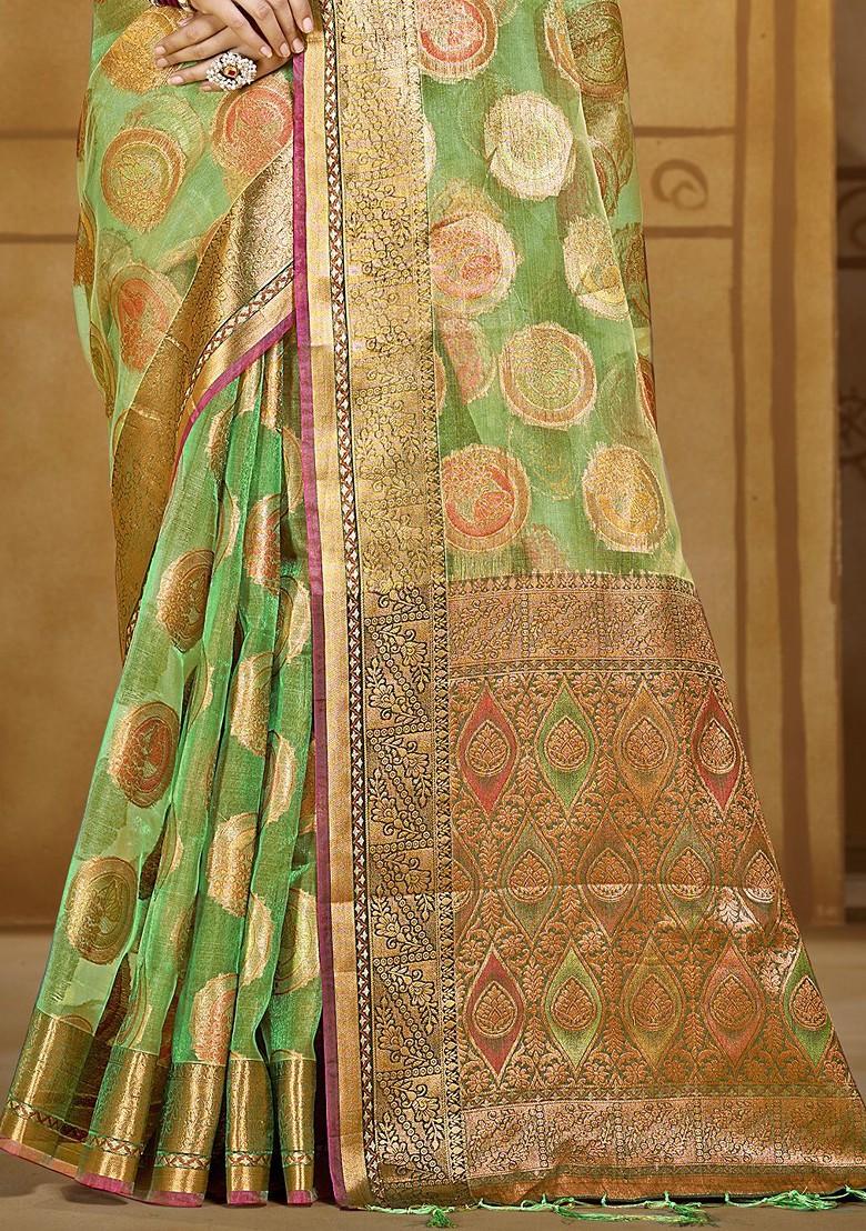 Green Printed Woven Poly Blend Saree Set