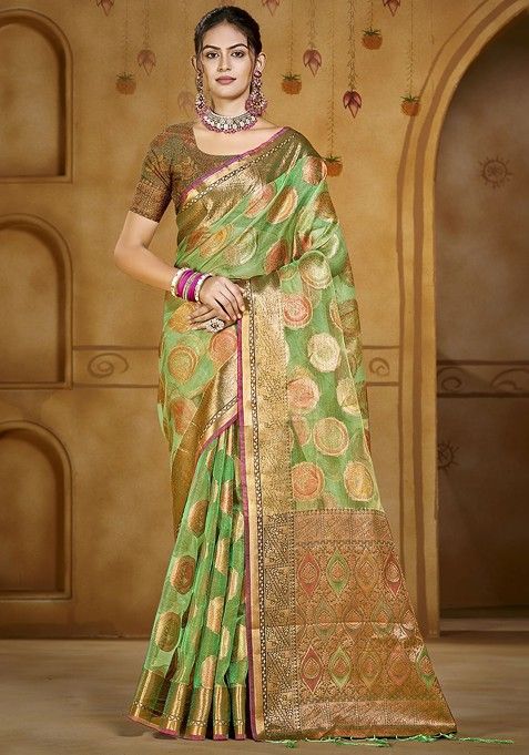 Green Printed Woven Poly Blend Saree Set