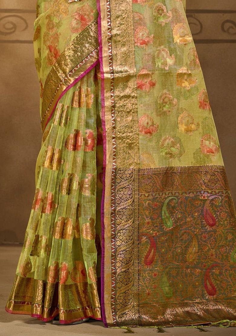 Sea Green Printed Woven Poly Blend Saree Set