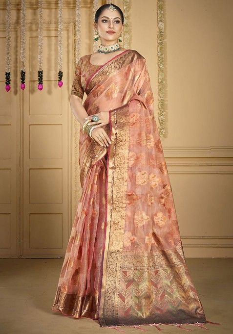 Peach Printed Woven Poly Blend Saree Set