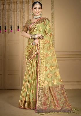 Green Printed Woven Poly Blend Saree Set