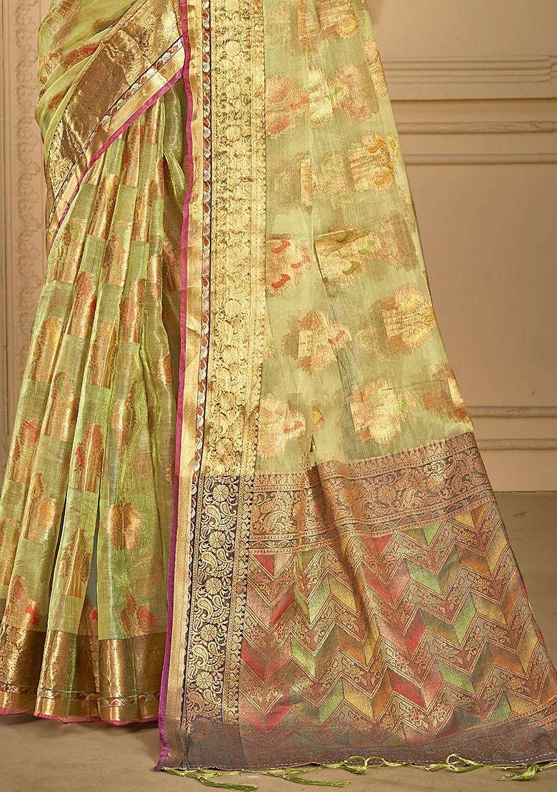 Green Printed Woven Poly Blend Saree Set