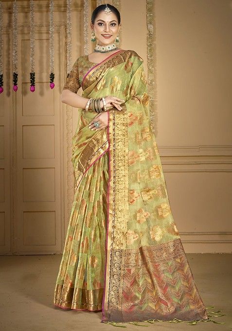 Green Printed Woven Poly Blend Saree Set