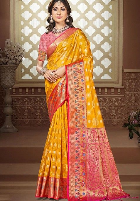 Yellow Printed Woven Poly Blend Saree Set